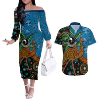 Fiji and Australia Couples Matching Off The Shoulder Long Sleeve Dress and Hawaiian Shirt Palm Tree and Abogirinal Emu LT03 Blue - Polynesian Pride