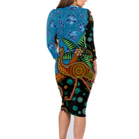 Fiji and Australia Family Matching Long Sleeve Bodycon Dress and Hawaiian Shirt Palm Tree and Abogirinal Emu LT03 - Polynesian Pride