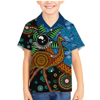 Fiji and Australia Family Matching Mermaid Dress and Hawaiian Shirt Palm Tree and Abogirinal Emu LT03 Son's Shirt Blue - Polynesian Pride