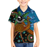 Fiji and Australia Family Matching Off The Shoulder Long Sleeve Dress and Hawaiian Shirt Palm Tree and Abogirinal Emu LT03 Son's Shirt Blue - Polynesian Pride