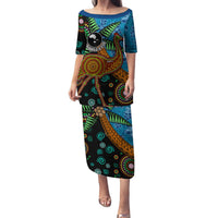 Fiji and Australia Family Matching Puletasi and Hawaiian Shirt Palm Tree and Abogirinal Emu LT03 Mom's Dress Blue - Polynesian Pride