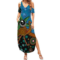 Fiji and Australia Family Matching Summer Maxi Dress and Hawaiian Shirt Palm Tree and Abogirinal Emu LT03 Mom's Dress Blue - Polynesian Pride