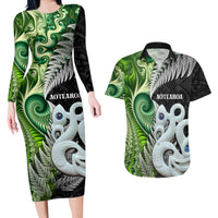 New Zealand Koru Natural Couples Matching Long Sleeve Bodycon Dress and Hawaiian Shirt Manaia and Silver Fern Maori Pattern LT03 Black - Polynesian Pride