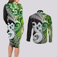 New Zealand Koru Natural Couples Matching Long Sleeve Bodycon Dress and Long Sleeve Button Shirt Manaia and Silver Fern Maori Pattern LT03 - Polynesian Pride