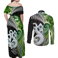 New Zealand Koru Natural Couples Matching Off Shoulder Maxi Dress and Long Sleeve Button Shirt Manaia and Silver Fern Maori Pattern LT03 - Polynesian Pride