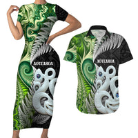 New Zealand Koru Natural Couples Matching Short Sleeve Bodycon Dress and Hawaiian Shirt Manaia and Silver Fern Maori Pattern LT03 Black - Polynesian Pride