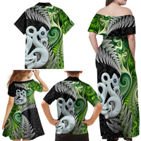 New Zealand Koru Natural Family Matching Off Shoulder Maxi Dress and Hawaiian Shirt Manaia and Silver Fern Maori Pattern LT03 - Polynesian Pride