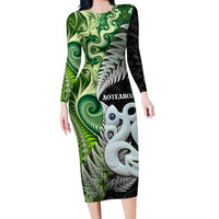 New Zealand Koru Natural Long Sleeve Bodycon Dress Manaia and Silver Fern Maori Pattern LT03 Long Dress Black - Polynesian Pride