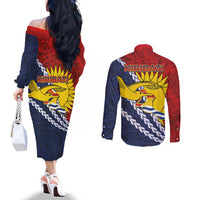 Kiribati Independence Day Couples Matching Off The Shoulder Long Sleeve Dress and Long Sleeve Button Shirt Polynesian and Melanesian Art Tattoo LT03 - Polynesian Pride
