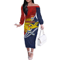 Kiribati Independence Day Off The Shoulder Long Sleeve Dress Polynesian and Melanesian Art Tattoo LT03 Women Red - Polynesian Pride