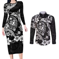 Guam Dolphins Tribal Tattoo Couples Matching Long Sleeve Bodycon Dress and Long Sleeve Button Shirt Polynesian Art and Tropical Flower Grayscale LT03 Black - Polynesian Pride