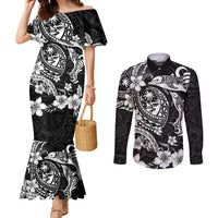 Guam Dolphins Tribal Tattoo Couples Matching Mermaid Dress and Long Sleeve Button Shirt Polynesian Art and Tropical Flower Grayscale LT03 Black - Polynesian Pride