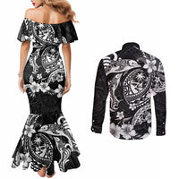 Guam Dolphins Tribal Tattoo Couples Matching Mermaid Dress and Long Sleeve Button Shirt Polynesian Art and Tropical Flower Grayscale LT03 - Polynesian Pride