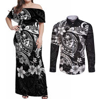 Guam Dolphins Tribal Tattoo Couples Matching Off Shoulder Maxi Dress and Long Sleeve Button Shirt Polynesian Art and Tropical Flower Grayscale LT03 Black - Polynesian Pride