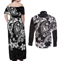 Guam Dolphins Tribal Tattoo Couples Matching Off Shoulder Maxi Dress and Long Sleeve Button Shirt Polynesian Art and Tropical Flower Grayscale LT03 - Polynesian Pride