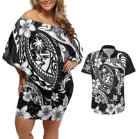 Guam Dolphins Tribal Tattoo Couples Matching Off Shoulder Short Dress and Hawaiian Shirt Polynesian Art and Tropical Flower Grayscale LT03 Black - Polynesian Pride