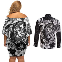 Guam Dolphins Tribal Tattoo Couples Matching Off Shoulder Short Dress and Long Sleeve Button Shirt Polynesian Art and Tropical Flower Grayscale LT03 - Polynesian Pride