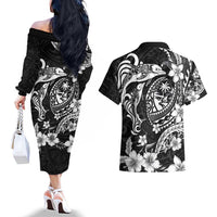 Guam Dolphins Tribal Tattoo Couples Matching Off The Shoulder Long Sleeve Dress and Hawaiian Shirt Polynesian Art and Tropical Flower Grayscale LT03 - Polynesian Pride
