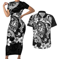 Guam Dolphins Tribal Tattoo Couples Matching Short Sleeve Bodycon Dress and Hawaiian Shirt Polynesian Art and Tropical Flower Grayscale LT03 Black - Polynesian Pride