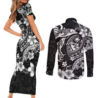 Guam Dolphins Tribal Tattoo Couples Matching Short Sleeve Bodycon Dress and Long Sleeve Button Shirt Polynesian Art and Tropical Flower Grayscale LT03 - Polynesian Pride
