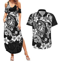 Guam Dolphins Tribal Tattoo Couples Matching Summer Maxi Dress and Hawaiian Shirt Polynesian Art and Tropical Flower Grayscale LT03 Black - Polynesian Pride