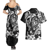 Guam Dolphins Tribal Tattoo Couples Matching Summer Maxi Dress and Hawaiian Shirt Polynesian Art and Tropical Flower Grayscale LT03 - Polynesian Pride