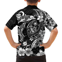 Guam Dolphins Tribal Tattoo Family Matching Off The Shoulder Long Sleeve Dress and Hawaiian Shirt Polynesian Art and Tropical Flower Grayscale LT03 - Polynesian Pride