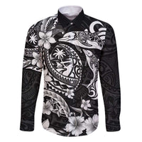 Guam Dolphins Tribal Tattoo Family Matching Off The Shoulder Long Sleeve Dress and Hawaiian Shirt Polynesian Art and Tropical Flower Grayscale LT03 Dad's Shirt - Long Sleeve Black - Polynesian Pride