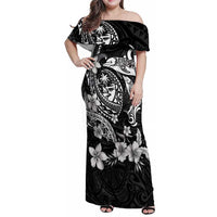 Guam Dolphins Tribal Tattoo Family Matching Off Shoulder Maxi Dress and Hawaiian Shirt Polynesian Art and Tropical Flower Grayscale LT03 Mom's Dress Black - Polynesian Pride