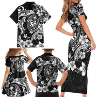Guam Dolphins Tribal Tattoo Family Matching Short Sleeve Bodycon Dress and Hawaiian Shirt Polynesian Art and Tropical Flower Grayscale LT03 - Polynesian Pride