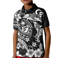 Guam Dolphins Tribal Tattoo Kid Polo Shirt Polynesian Art and Tropical Flower Grayscale LT03 Kid Black - Polynesian Pride