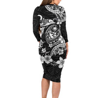Guam Dolphins Tribal Tattoo Long Sleeve Bodycon Dress Polynesian Art and Tropical Flower Grayscale LT03 - Polynesian Pride