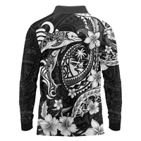 Guam Dolphins Tribal Tattoo Long Sleeve Polo Shirt Polynesian Art and Tropical Flower Grayscale LT03 - Polynesian Pride