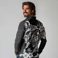 Guam Dolphins Tribal Tattoo Long Sleeve Polo Shirt Polynesian Art and Tropical Flower Grayscale LT03 - Polynesian Pride