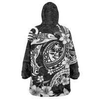 Guam Dolphins Tribal Tattoo Wearable Blanket Hoodie Polynesian Art and Tropical Flower Grayscale LT03 - Polynesian Pride