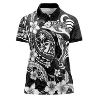 Guam Dolphins Tribal Tattoo Women Polo Shirt Polynesian Art and Tropical Flower Grayscale LT03 Female Black - Polynesian Pride