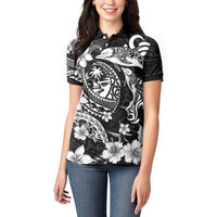 Guam Dolphins Tribal Tattoo Women Polo Shirt Polynesian Art and Tropical Flower Grayscale LT03 - Polynesian Pride