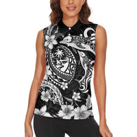Guam Dolphins Tribal Tattoo Women Sleeveless Polo Shirt Polynesian Art and Tropical Flower Grayscale LT03 - Polynesian Pride