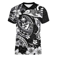 Guam Dolphins Tribal Tattoo Women V-Neck T-Shirt Polynesian Art and Tropical Flower Grayscale LT03 Female Black - Polynesian Pride