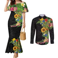 Hawaiian Tropical Plants and Chameleon Couples Matching Mermaid Dress and Long Sleeve Button Shirt Polynesian Art Colorful - Polynesian Pride