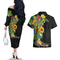 Hawaiian Tropical Plants and Chameleon Couples Matching Off The Shoulder Long Sleeve Dress and Hawaiian Shirt Polynesian Art Colorful - Polynesian Pride