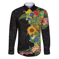 Hawaiian Tropical Plants and Chameleon Family Matching Puletasi and Hawaiian Shirt Polynesian Art Colorful LT03 Dad's Shirt - Long Sleeve Black - Polynesian Pride