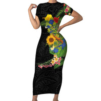 Hawaiian Tropical Plants and Chameleon Family Matching Short Sleeve Bodycon Dress and Hawaiian Shirt Polynesian Art Colorful - Polynesian Pride