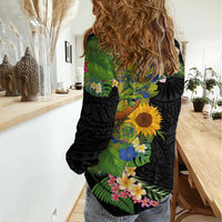 Hawaiian Tropical Plants and Chameleon Women Casual Shirt Polynesian Art Colorful - Polynesian Pride