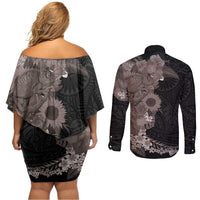 Hawaiian Tropical Plants and Chameleon Couples Matching Off Shoulder Short Dress and Long Sleeve Button Shirt Polynesian Art Grayscale - Polynesian Pride
