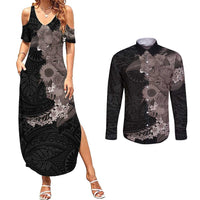 Hawaiian Tropical Plants and Chameleon Couples Matching Summer Maxi Dress and Long Sleeve Button Shirt Polynesian Art Grayscale - Polynesian Pride