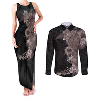 Hawaiian Tropical Plants and Chameleon Couples Matching Tank Maxi Dress and Long Sleeve Button Shirt Polynesian Art Grayscale - Polynesian Pride