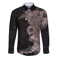 Hawaiian Tropical Plants and Chameleon Family Matching Long Sleeve Bodycon Dress and Hawaiian Shirt Polynesian Art Grayscale - Polynesian Pride