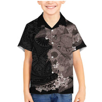 Hawaiian Tropical Plants and Chameleon Family Matching Mermaid Dress and Hawaiian Shirt Polynesian Art Grayscale LT03 Son's Shirt Black - Polynesian Pride