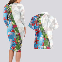 Hawaiian Tropical Flowers and Leaves Couples Matching Long Sleeve Bodycon Dress and Hawaiian Shirt on Leopard Pattern Half Style White-Blue Version - Polynesian Pride